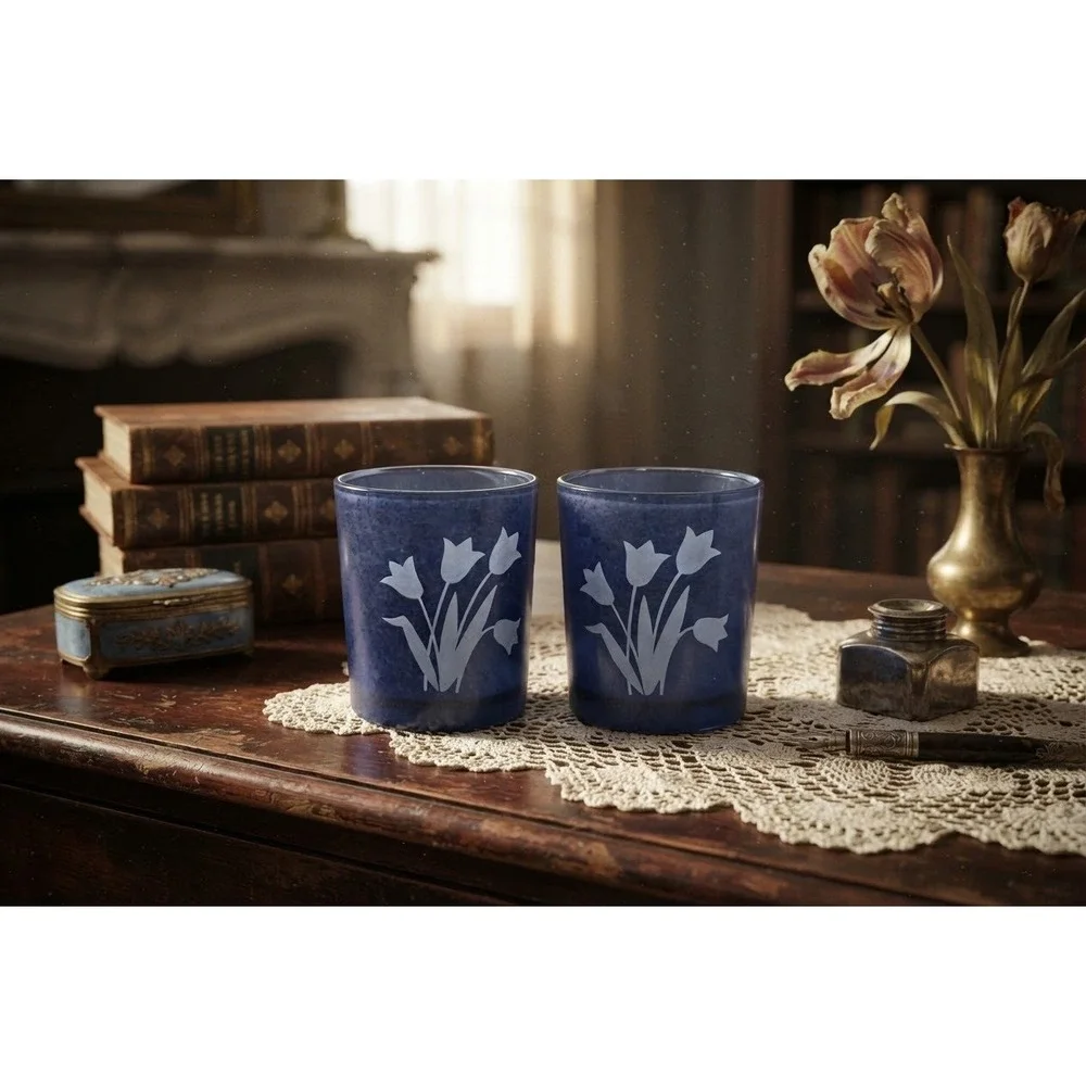 Vintage Frosted Blue Glass Tulip Votive Candle Holders Pair Etched Floral 2.5in